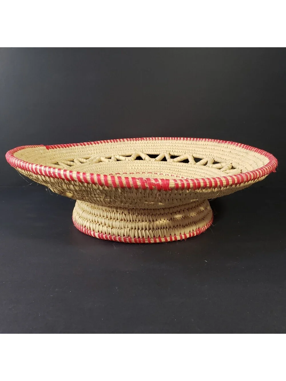 Hand Coiled Pedestal Basket Red Trim Round 11.5
